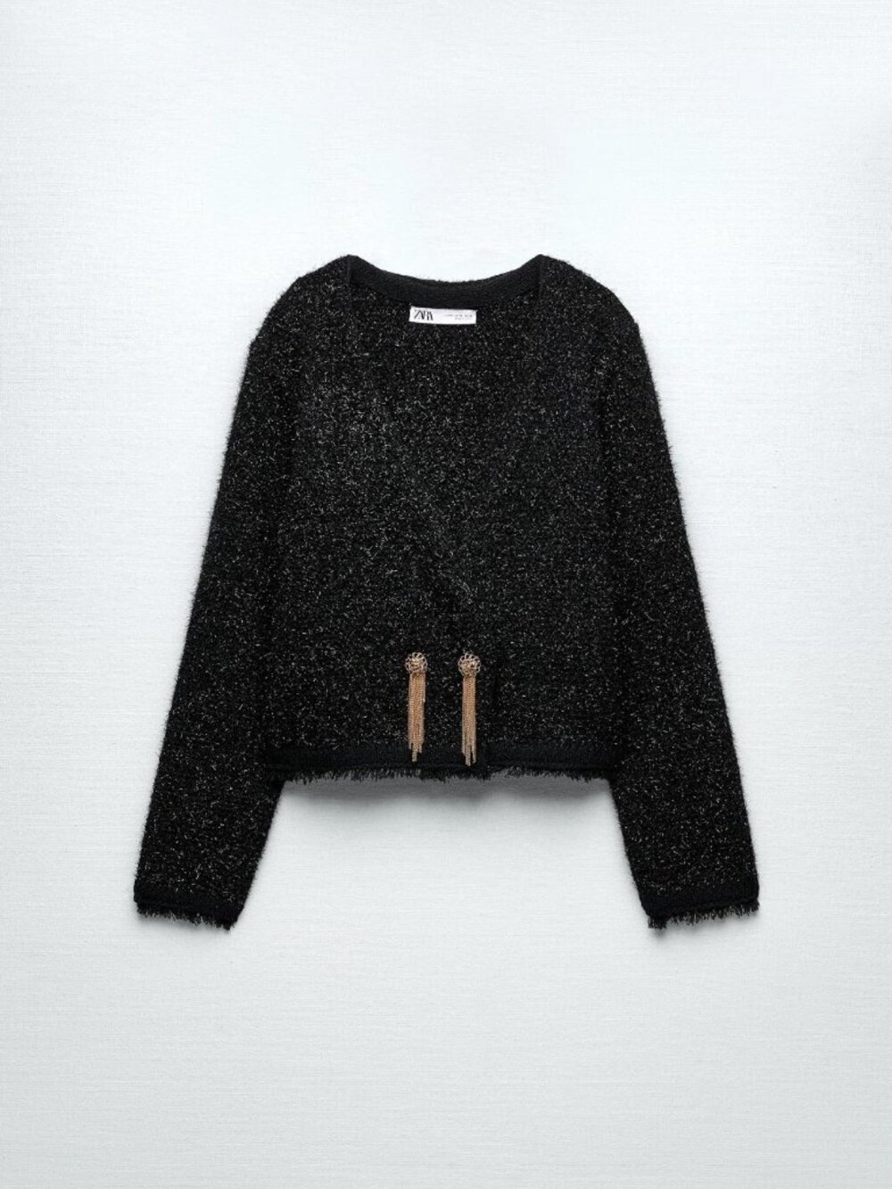 NWT Zara black METALLIC THREAD KNIT CARDIGAN Size Large